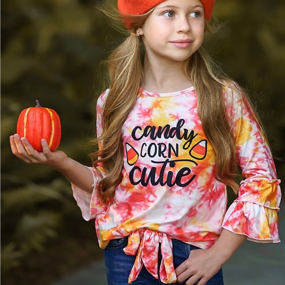 NEW Girls Sz 6 Orange 'Candy Corn Cutie' Flare-Sleeve Top Jeans Fall Halloween - Picture 2 of 10